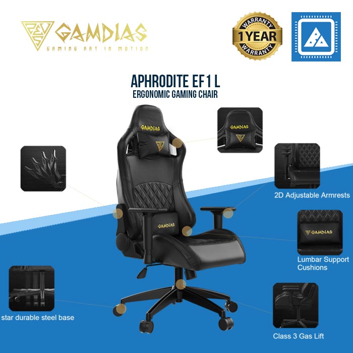 GAMDIAS Aphrodite EF1 L GAMING CHARI, HIGH BACK HEADREST AND LUMBAR W/ ERGONOMIC RACING SEAT (BLACK) GAMDIAS Aphrodite EF1 L GAMING CHARI, HIGH BACK HEADREST AND LUMBAR W/ ERGONOMIC RACING SEAT (BLACK)